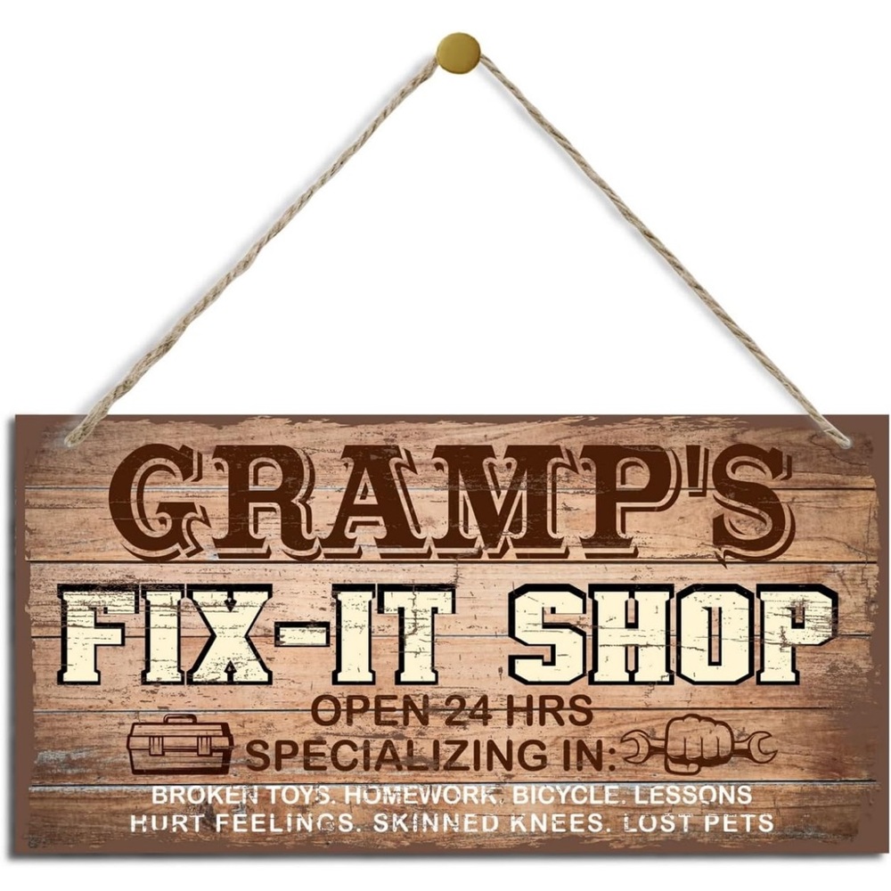 NWT Hanging Vintage Style Gramp's Fix-It Shop Decor Sign, Fix-It Shop Sign 6X12”